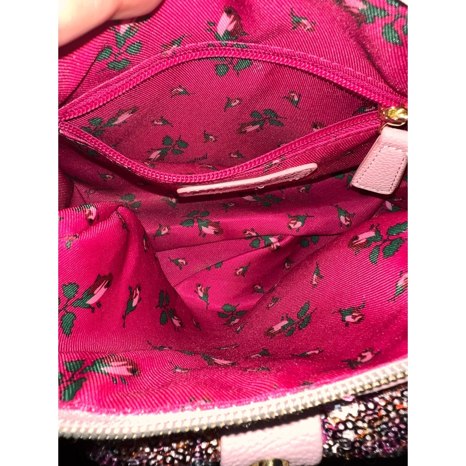 RARE Betsey Johnson Pink Sequin Bow Crossbody Bag Gold Hardware Heart Key Charm