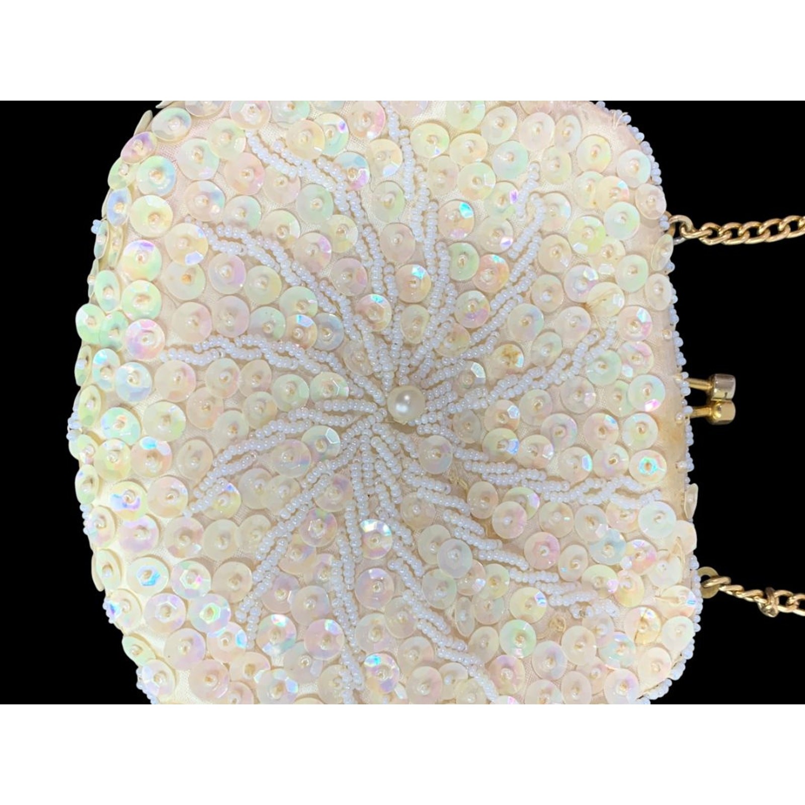 Vintage Ivory Beaded Hinged Evening Bag Clasp Sequins Hong Kong