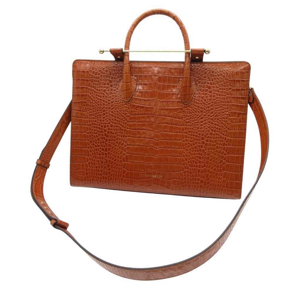 STRATHBERRY Tote Bag Croc Embossed Tan Leather Gold Bar Top Handle Luxury Spain