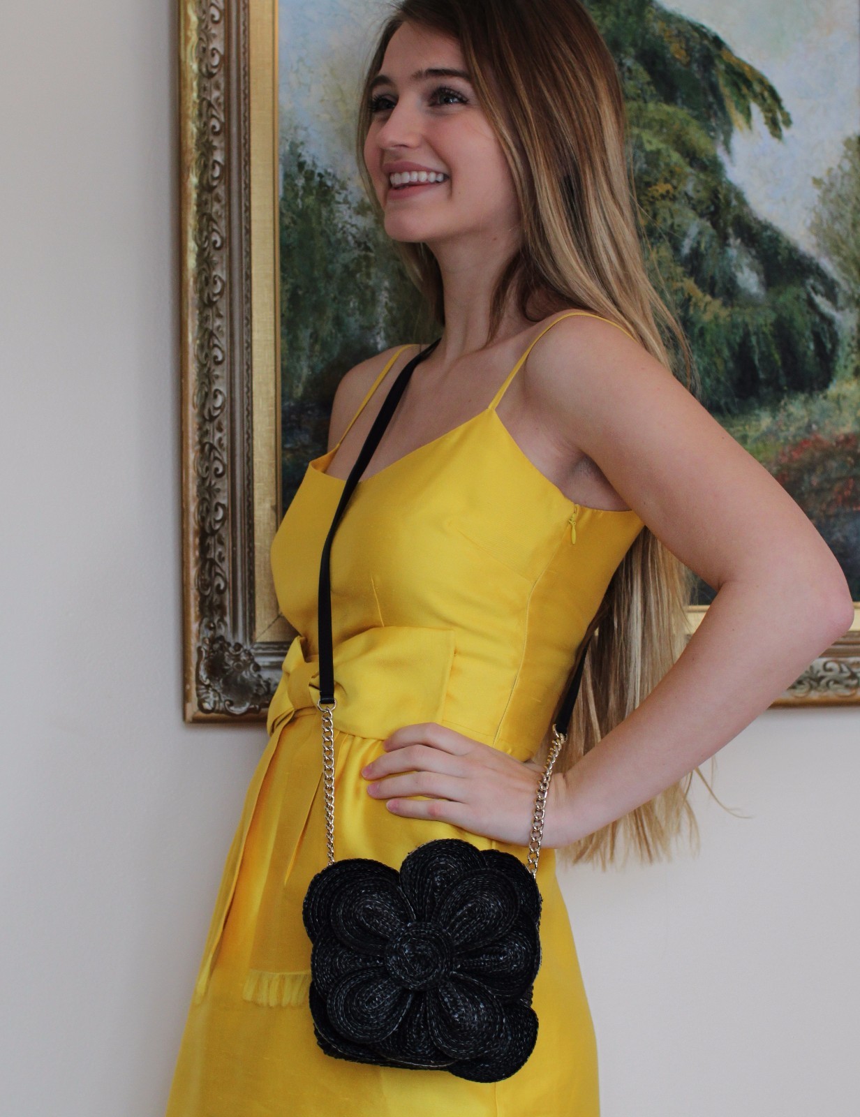 Kate Spade Lawn Party Bitsy Straw Flower Crossbody Black Black Wicker Bag small