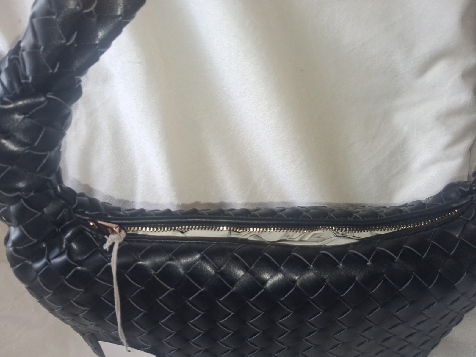 A New Day Black Medium Woven Crescent Shoulder Bag Gold Hardware Zip Closure