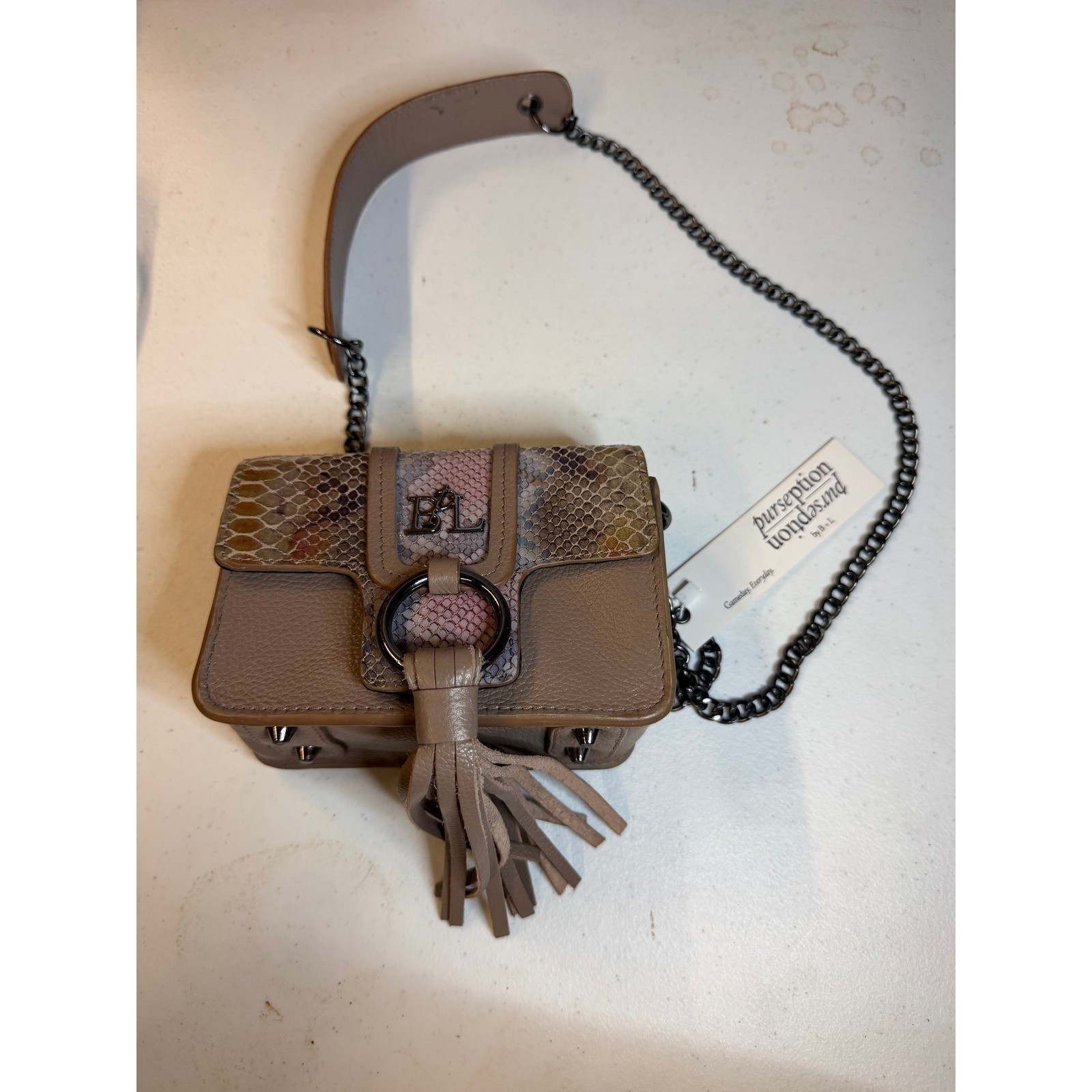 Purseption by B+L Snakeskin Embossed Leather Tassel Crossbody Bag Taupe Multi
