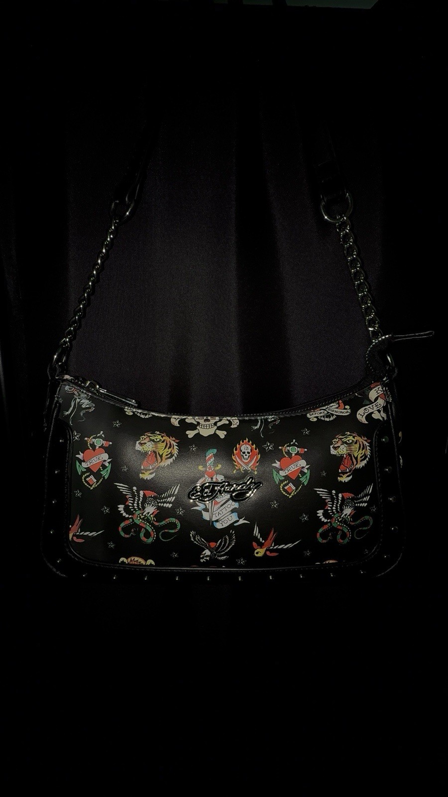 Black Tattoo Skull Shoulder Bag w/ Chain Strap, Zip Closure, Pockets, Small