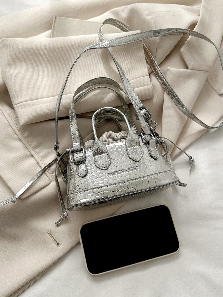 Mini Croc Embossed Bucket Bag Women Drawstring Novelty Crossbody Shoulder