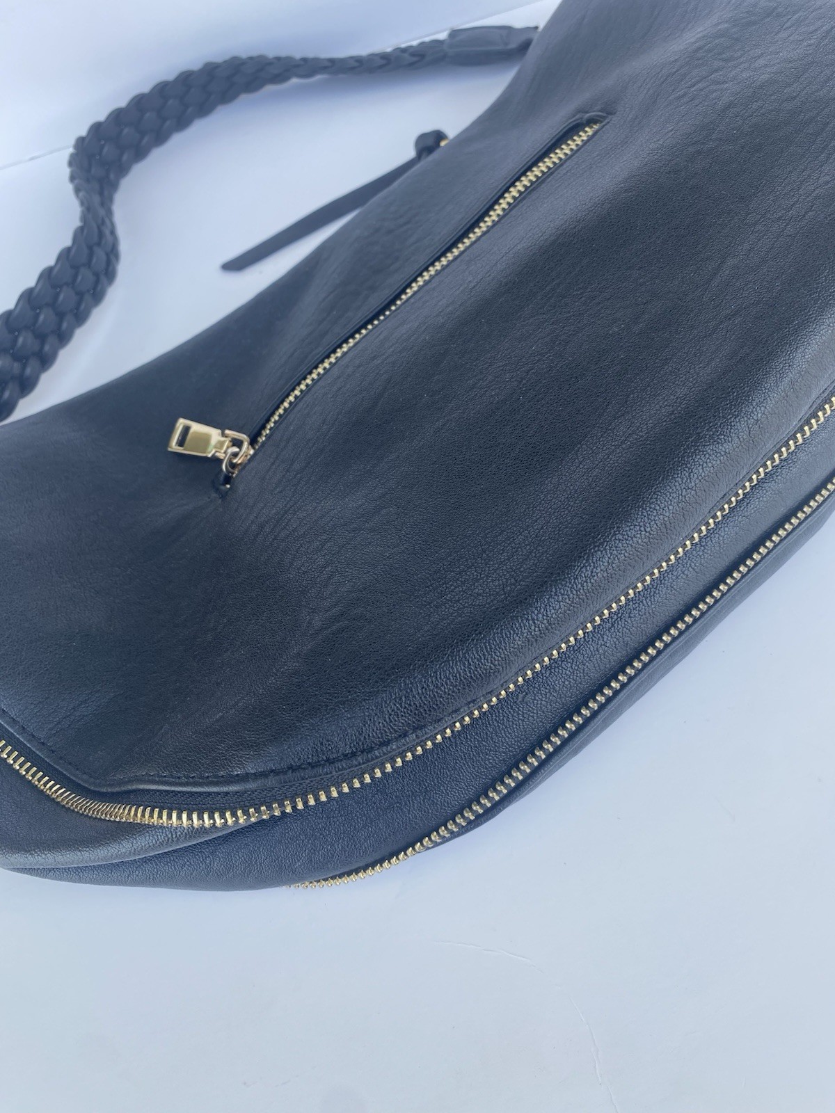 Women Shoulder Bag soft leatherette Black Gold Hardware Braided Detachable Strap