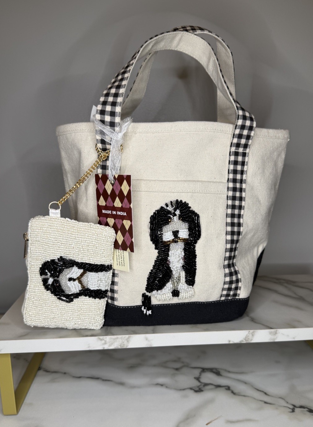 Bernedoodle Black White Dog Beaded Canvas Tote Coin Purse Set NWT Gingham