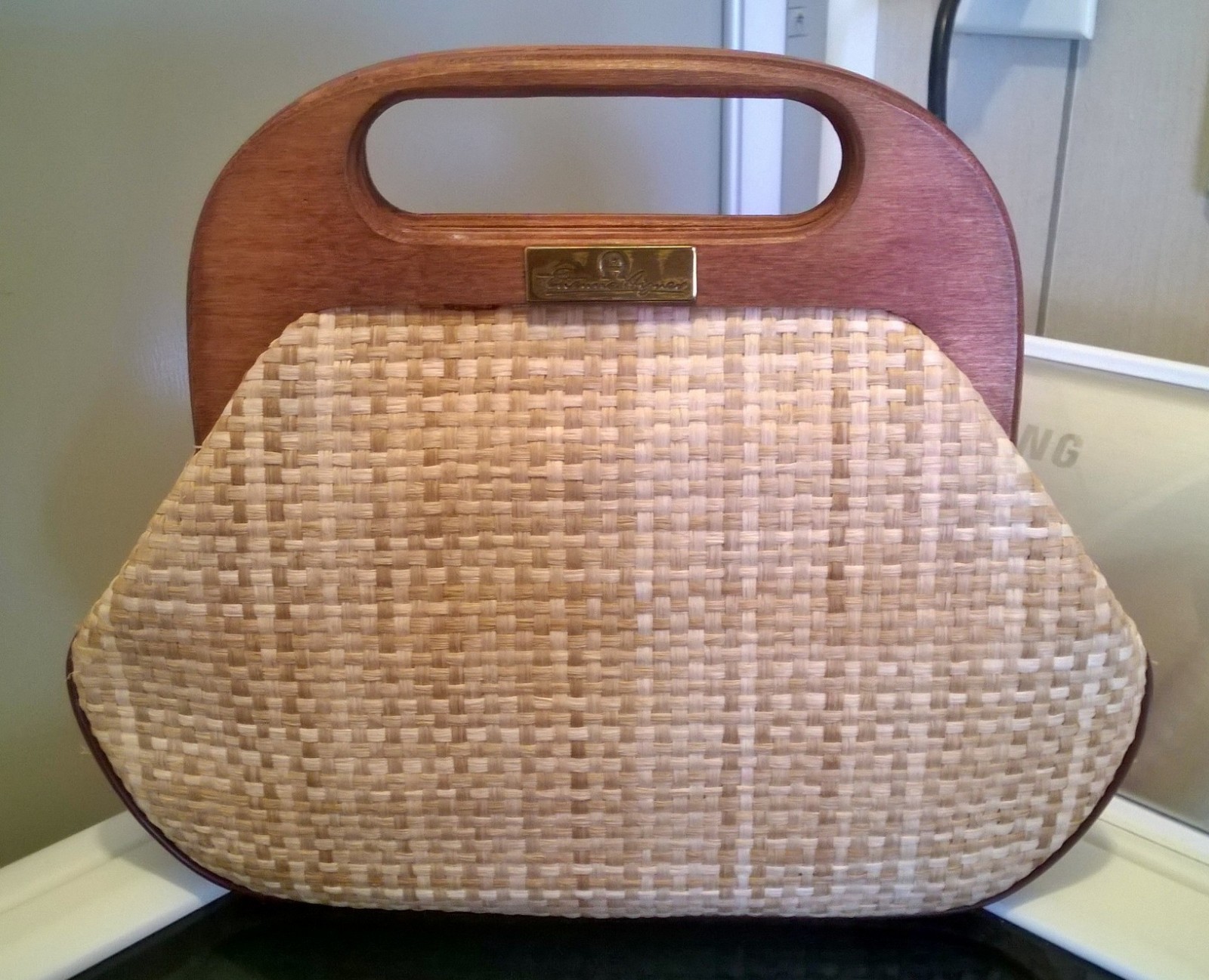 Vintage 60s 70s ETIENNE AIGNER Linen Leather Handbag Clutch Bag Wood Top Handle