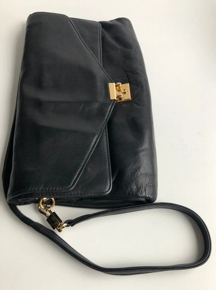 Ladies Clutch Black Calf Leather Shoulder Bag Handbag Evening Bag