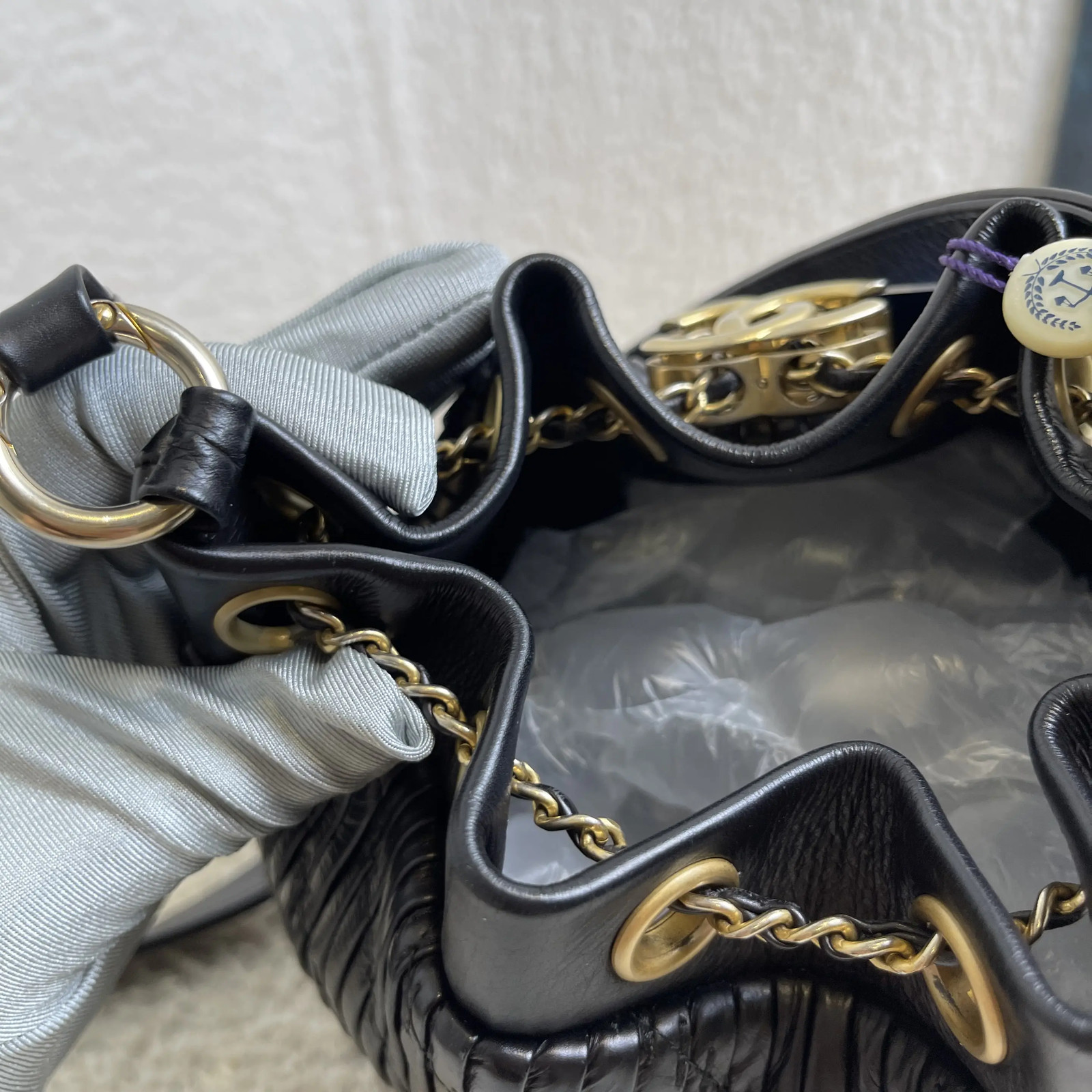 Chanel Pleated Calfskin Black Small Bucket Shoulder Bag
