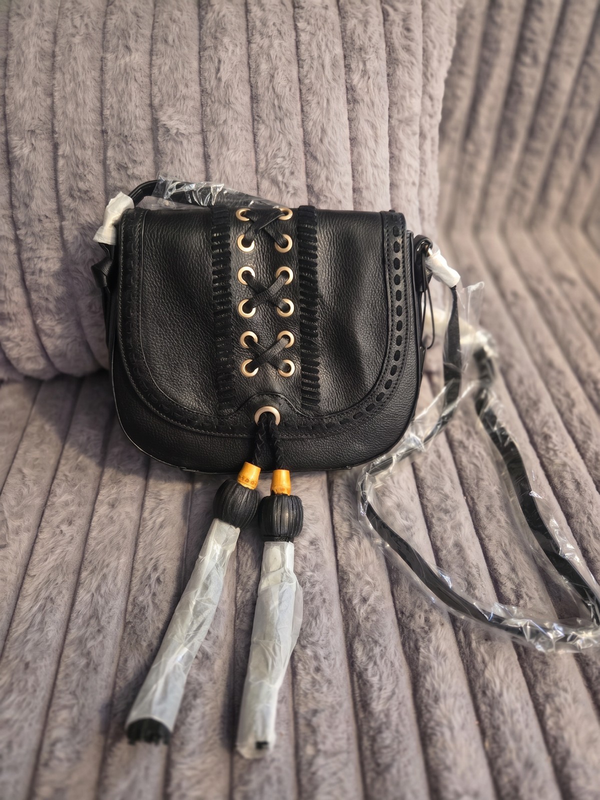 Foley+Corinna Black Saddle Bag Crossbody Purse, Tassel, Gold Hardware, Solid
