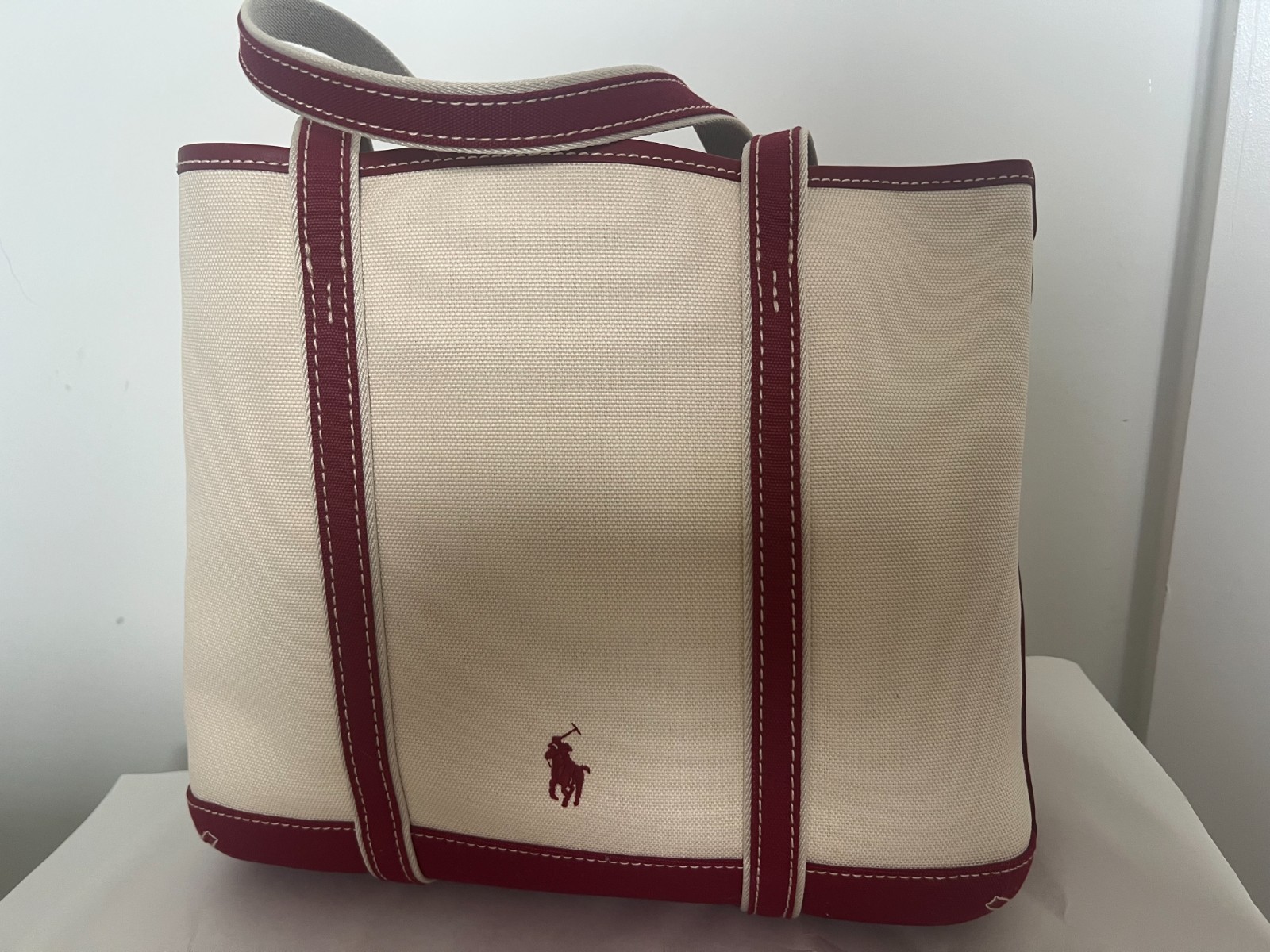 Polo Ralph Lauren Canvas Tote Bag with Polo Bear Patch – Cream & Burgundy (NWT)