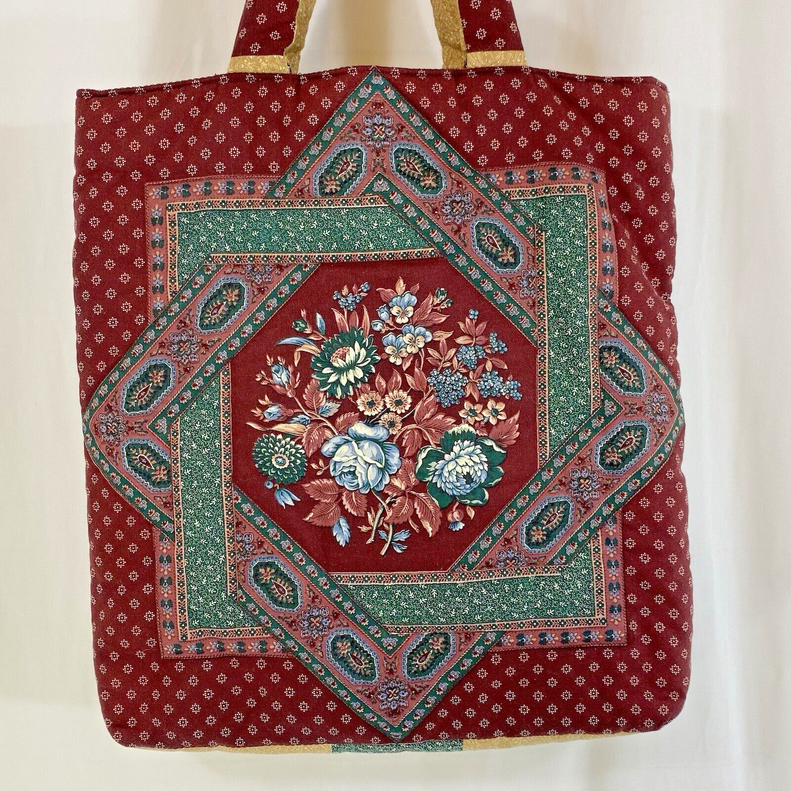 Quilted Brown with Blue Floral Cotton Bag Handmade Lined Inside Pocket 2 Handles