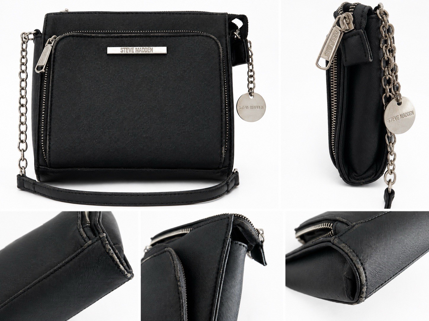 Steve Madden Black Small Crossbody Bag Zip Closure Detachable Strap Silver HW