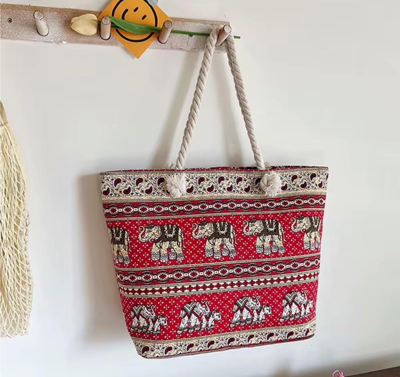 Women’s Multicolor Graphic Print Tote Bag Rope Double Handles with Bag Charm