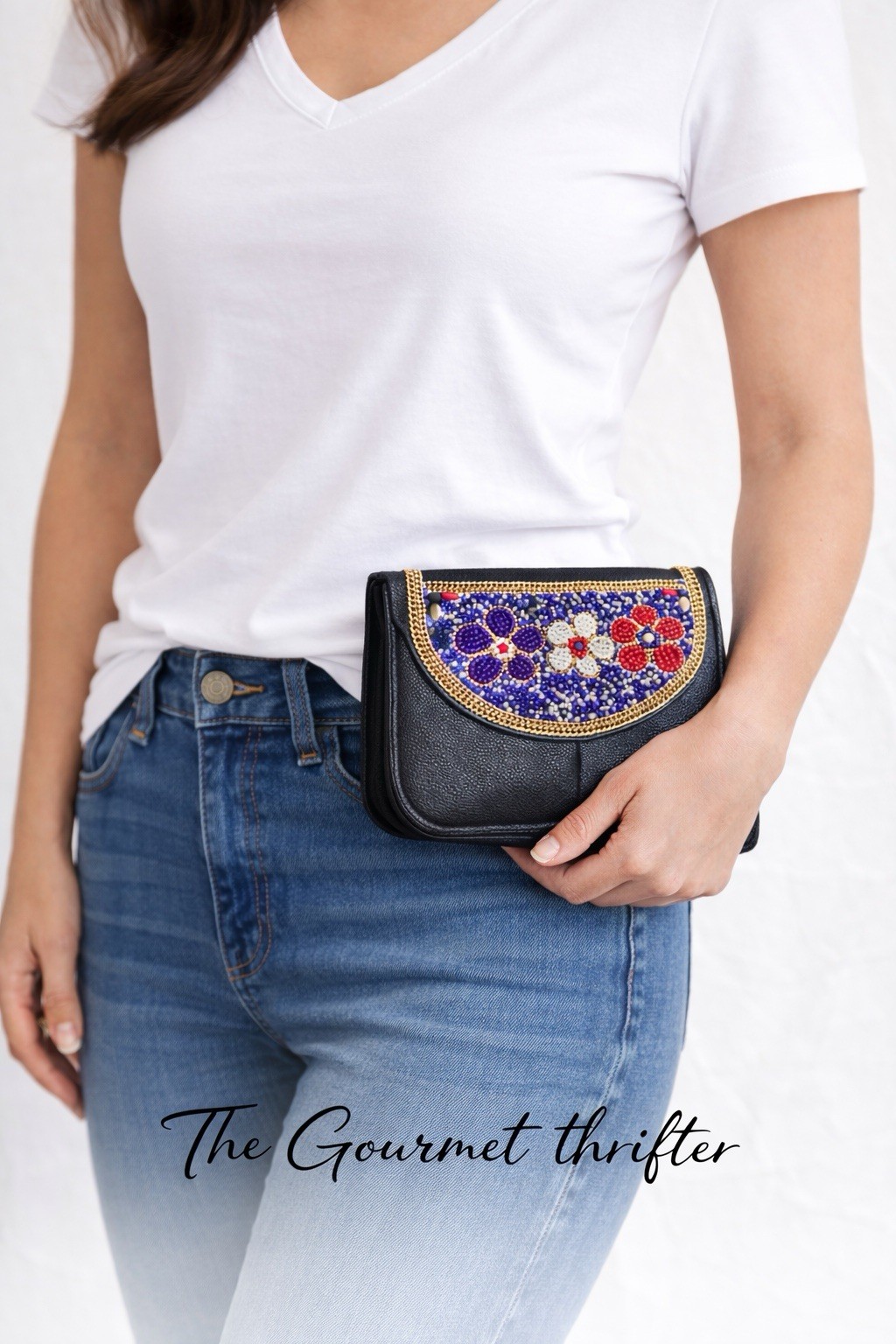COCO + CARMEN Beaded Floral Clutch Black Faux Leather Envelope Bag