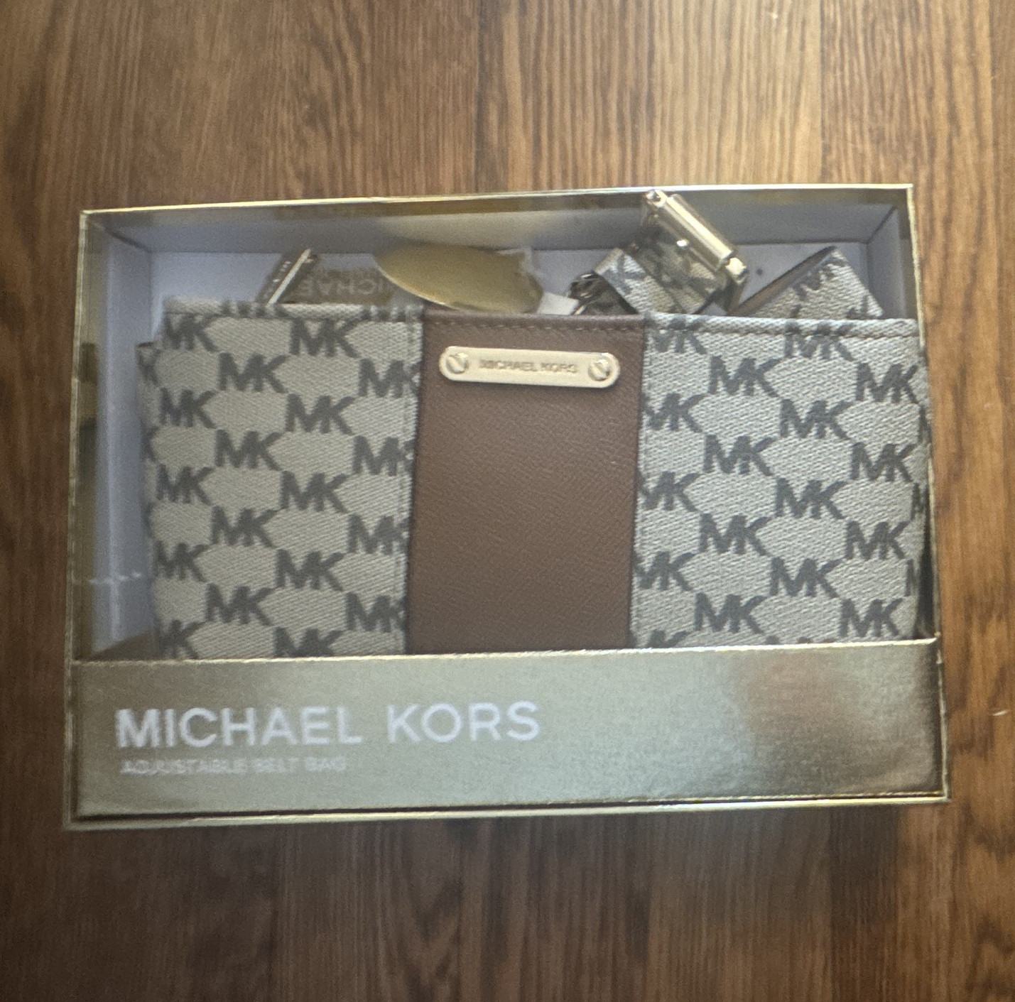 Michael Kors Signature Logo Wristlet Pouch, Brown/Beige, Zip, Original Box