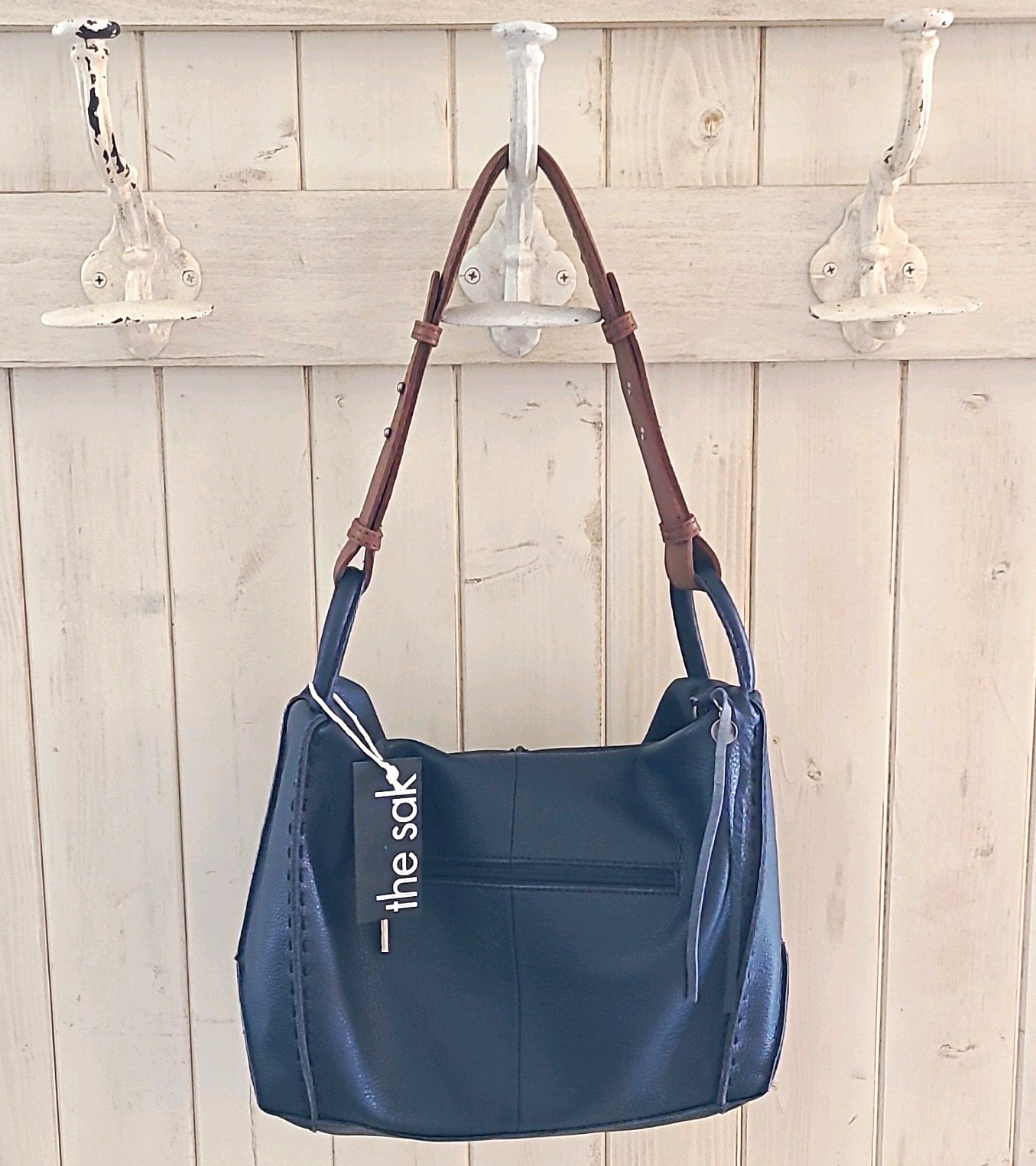 The Sak Los Feliz, Navy Medium Shoulder Bag, Zip Top, Brown Strap, Inner Pockets