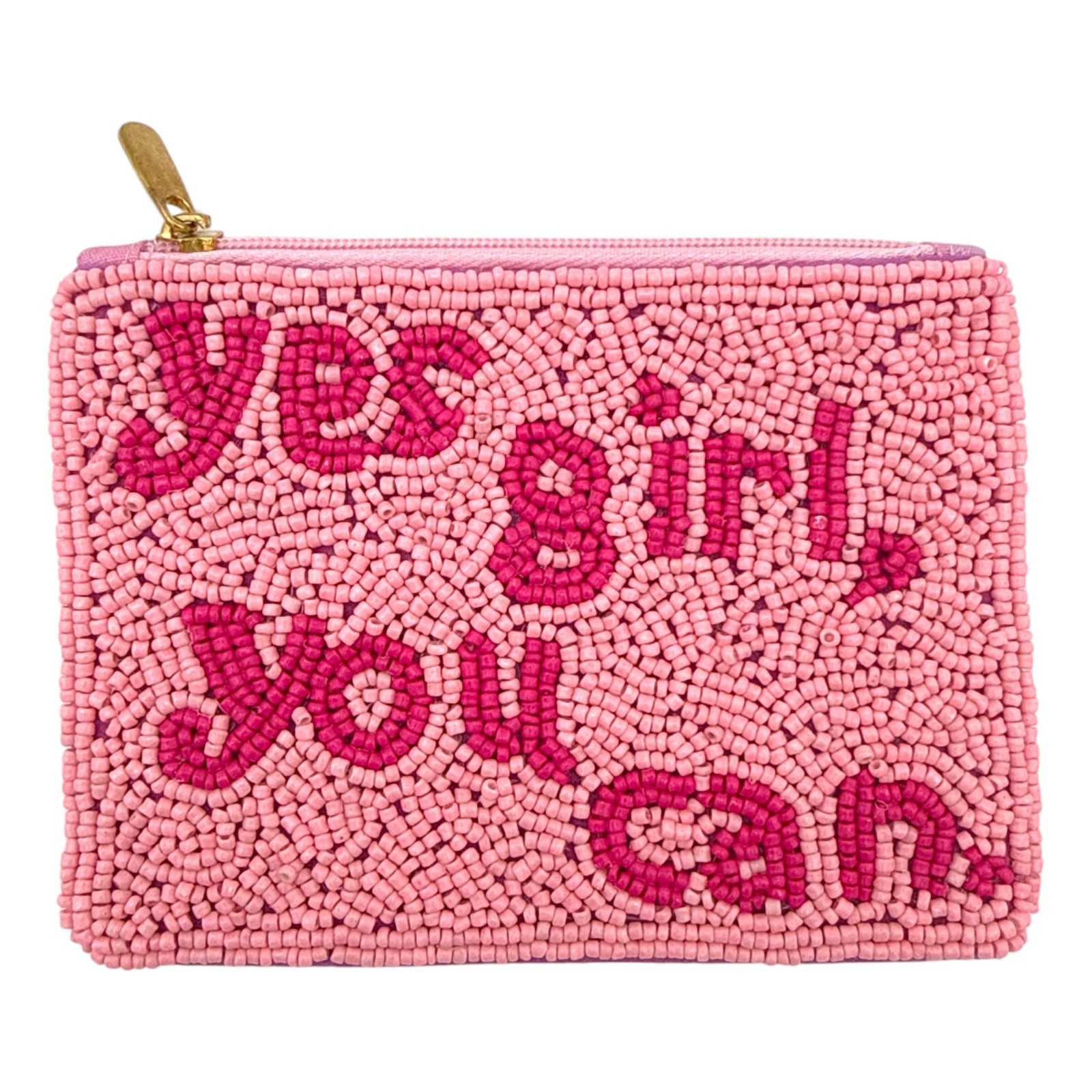 “Yes Girl You Can” Seed Beaded Coin Purse – Pink – Handmade – Zipper Pouch 5×4