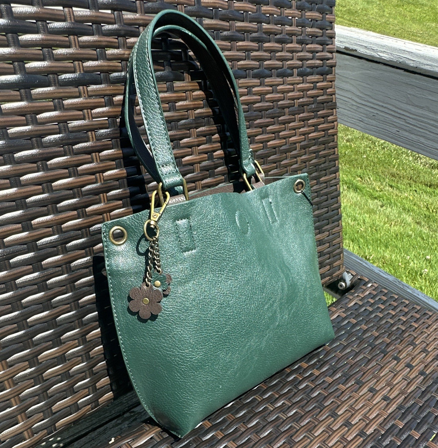 G.H. Bass & Co. Green/Brown Reversible Tote Bag, Detachable Strap, Pouch