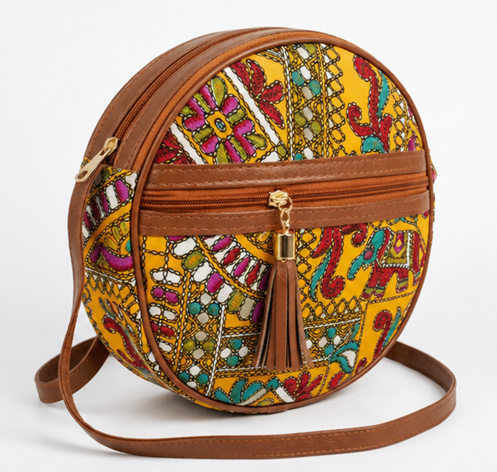 Round Boho Crossbody Bag, Handmade Yellow Tribal Print Purse, Ethnic Circular