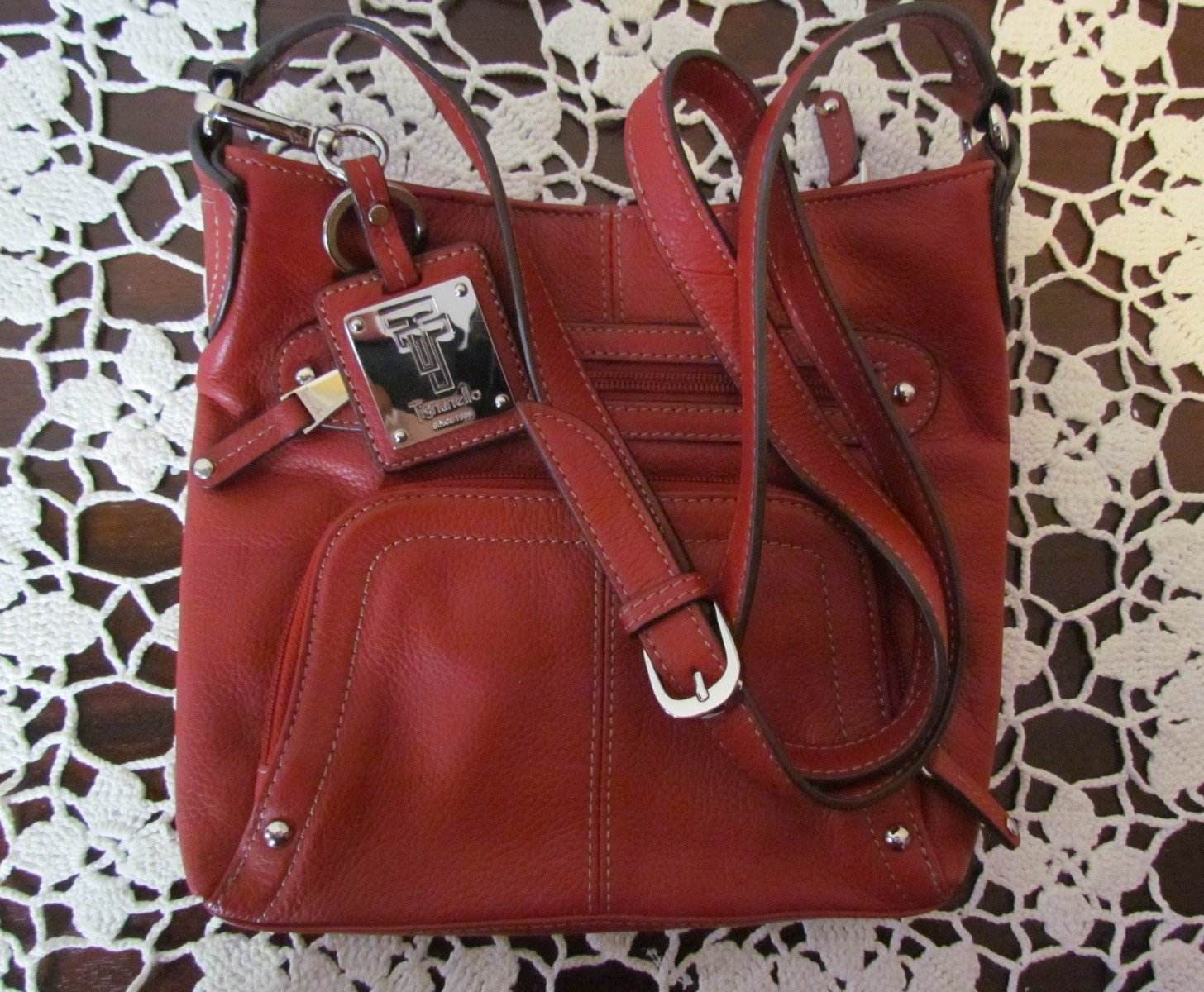 Tignanello Pebbled Leather Crossbody Bag Organizer Pouch Wallet Key Tag RED