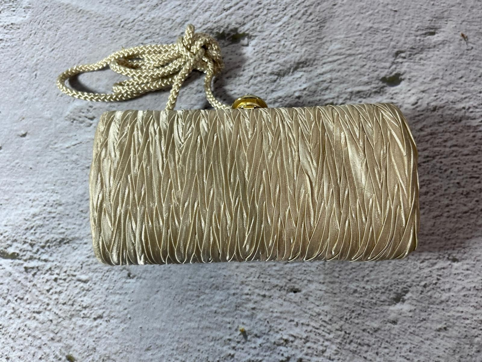 Champagne Cream Satin Ruched Pleated Box Clutch Bag Evening Purse Rope Strap