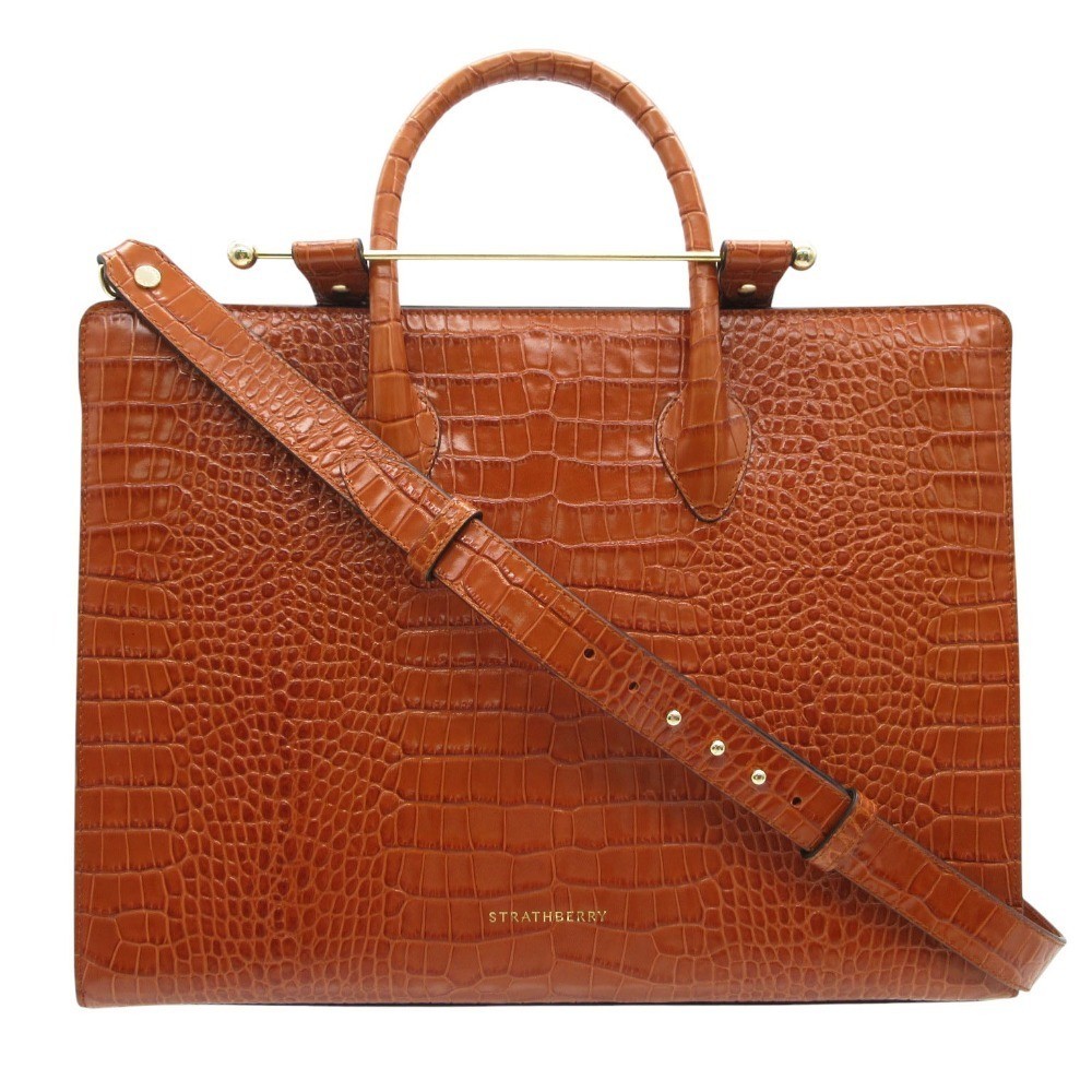 STRATHBERRY Tote Bag Croc Embossed Tan Leather Gold Bar Top Handle Luxury Spain