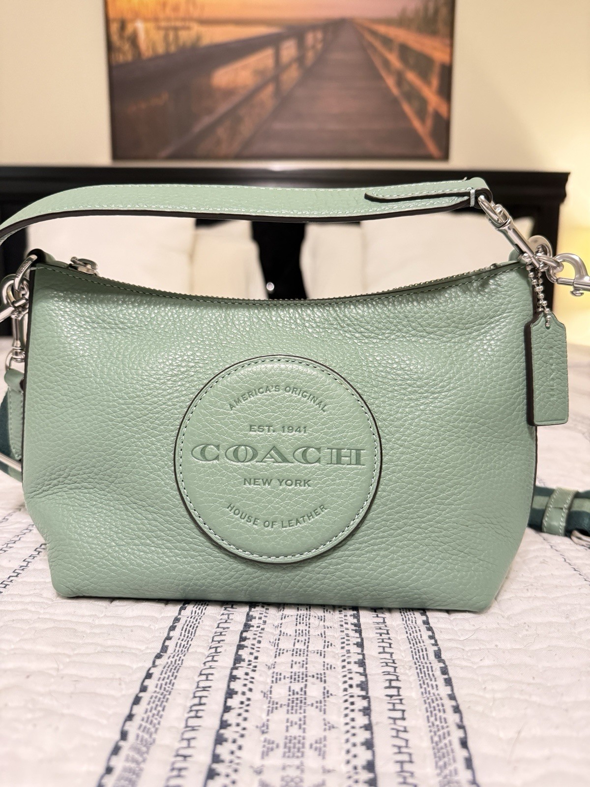 Coach Pebbled Leather Shoulder Bag In Excellent Condition, Green