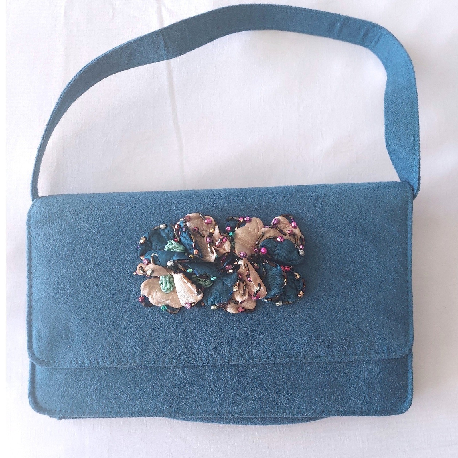 Teal Blue Faux Suede Beaded Floral Baguette Shoulder Bag Evening Purse