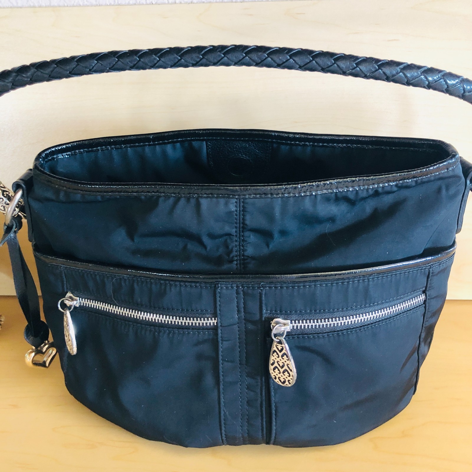Brighton Collection Queen of Love Black Nylon Leather Trim Hobo Shoulder Bag
