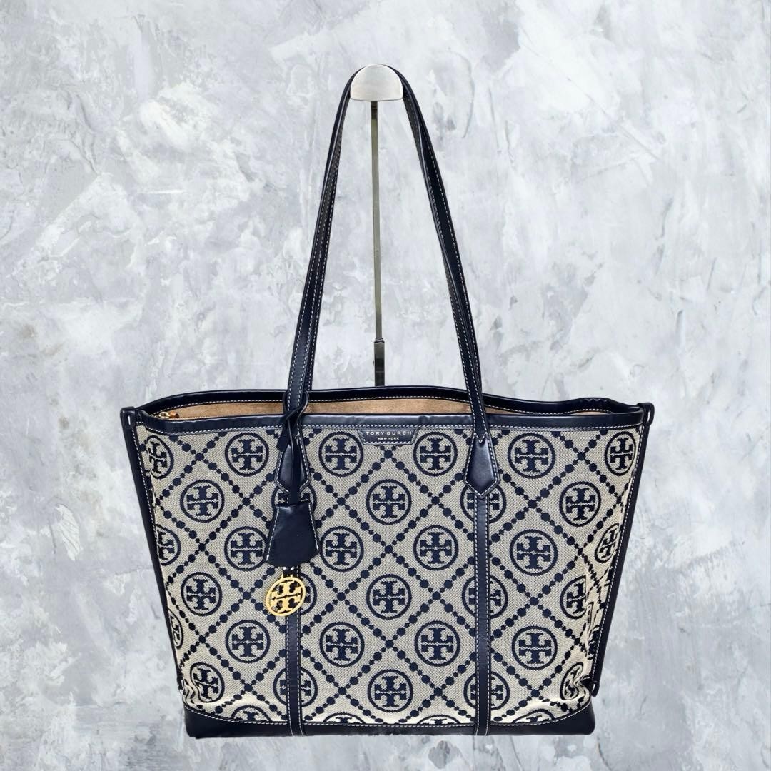 Tory Burch Perry T Monogram Triple Compartment Navy Beige Leather Tote Bag