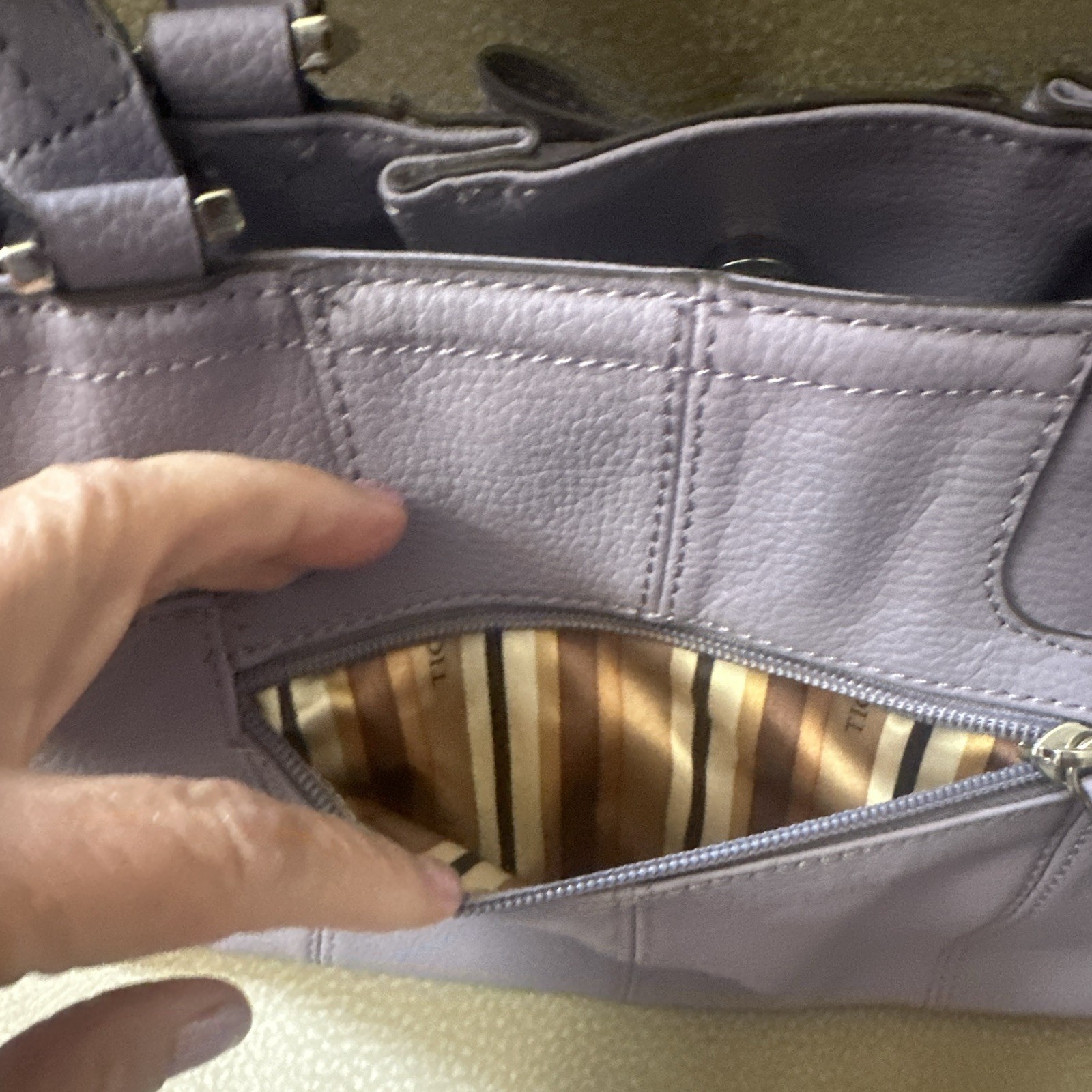 Tignanello Women’s Purple Solid Pebbled Satchel Top Handle Zip, Pockets, Silver