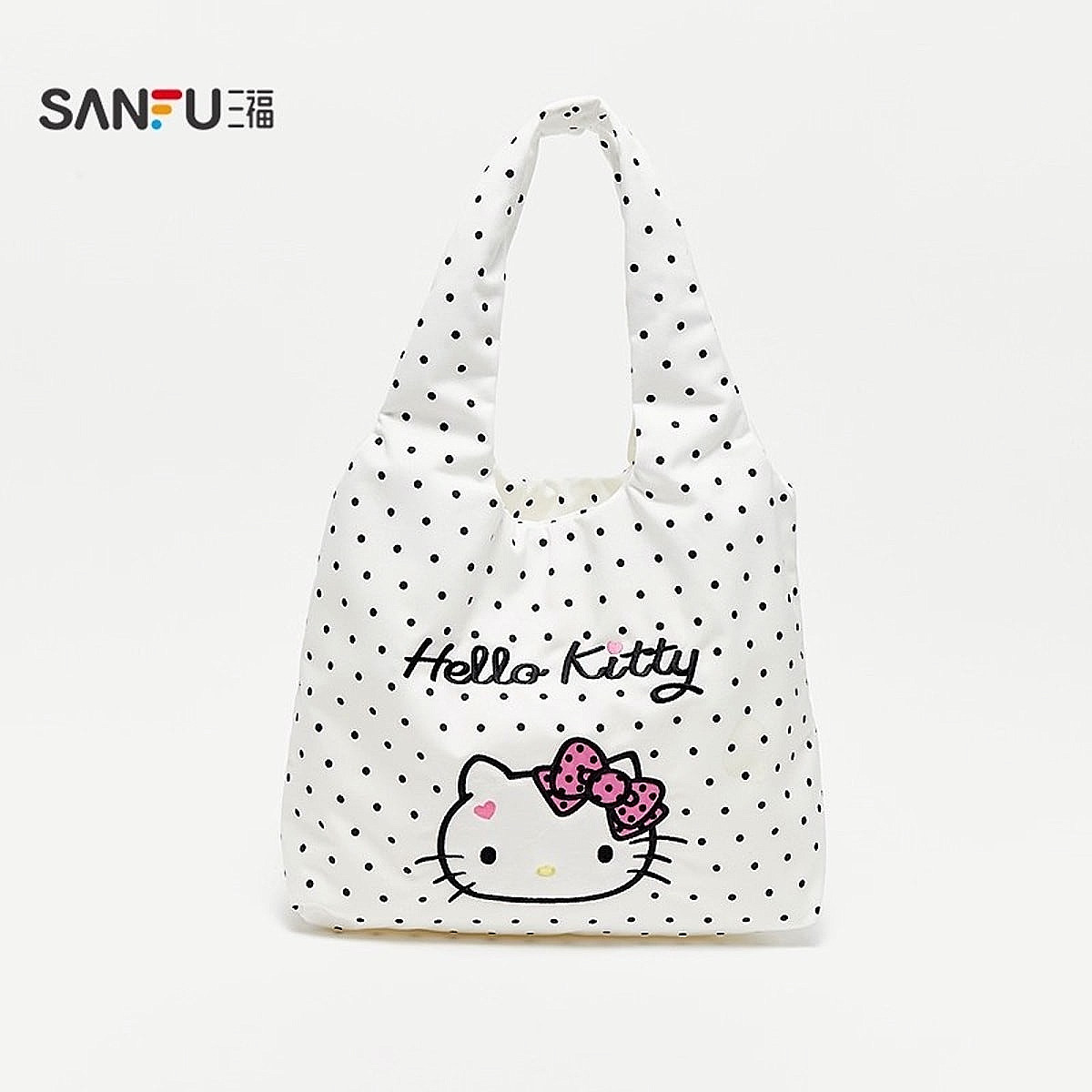 Sanrio Hello Kitty Polka Dot Tote Bag Authentic Embroidered Face Shoulder Bag
