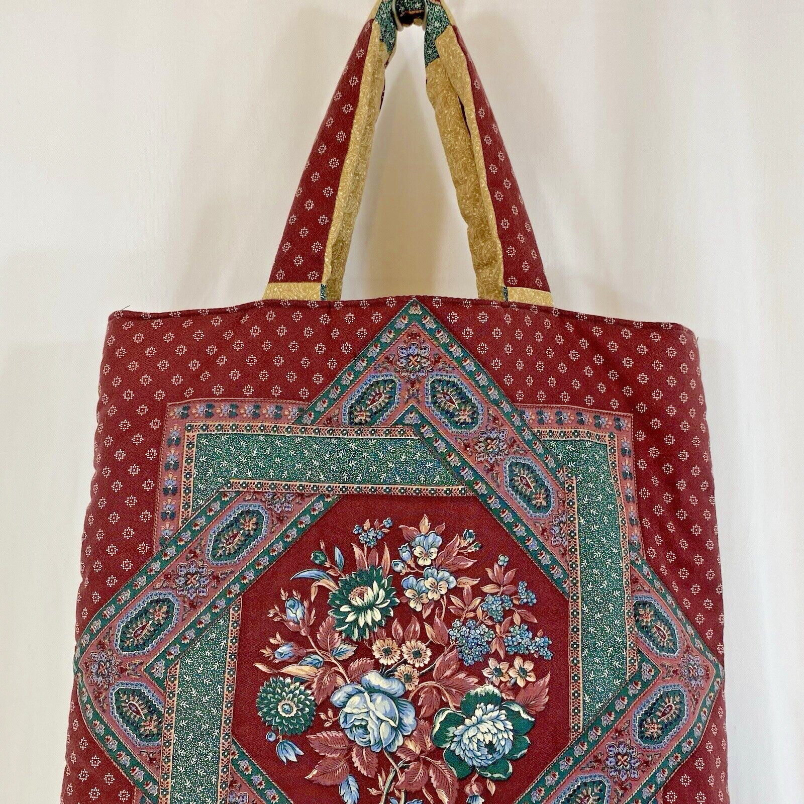 Quilted Brown with Blue Floral Cotton Bag Handmade Lined Inside Pocket 2 Handles