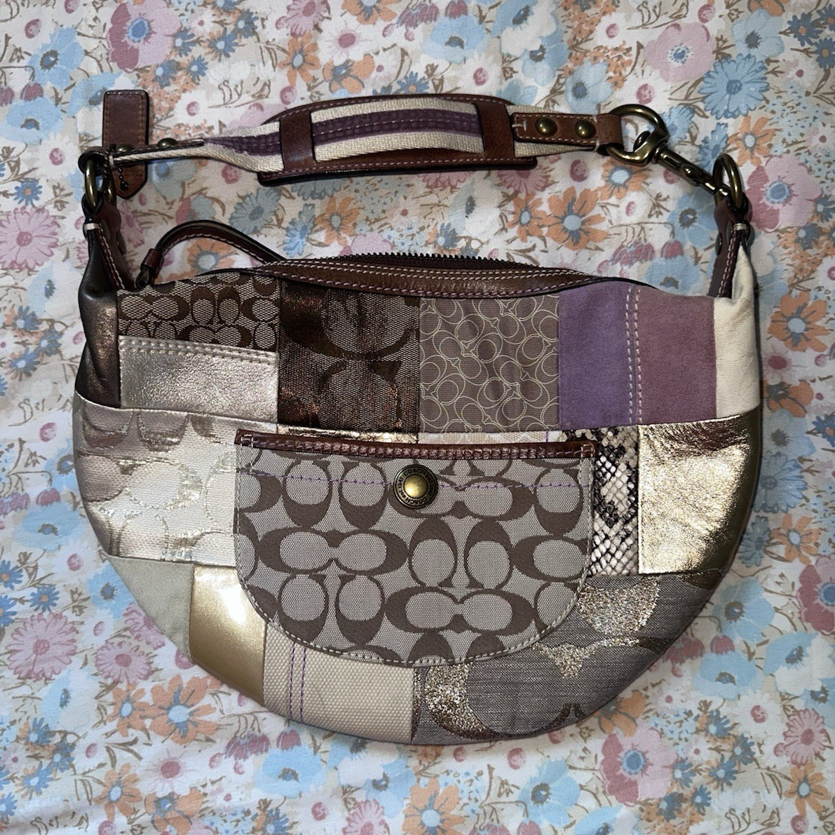 Coach Patchwork Hobo Bag Medium Zip Metallic Gold Brown Beige Purple Strap