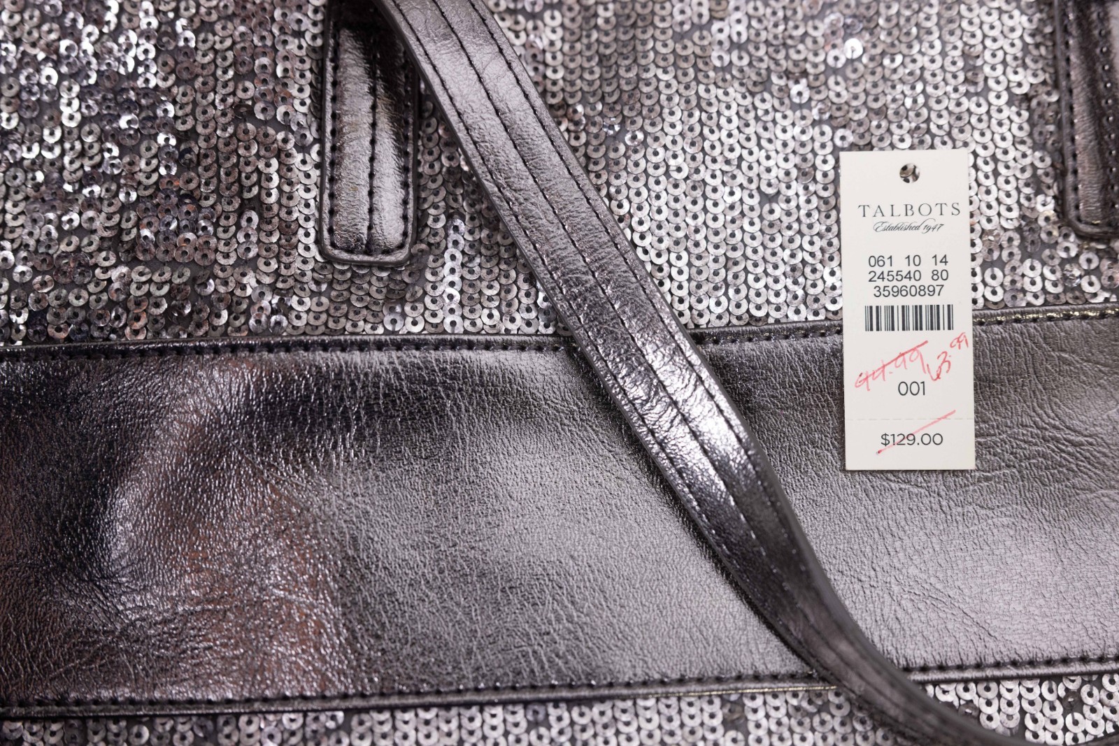 Talbots Women’s Sequin Polyester Tote Shoulder Bag Metallic Silver/Pewter $129