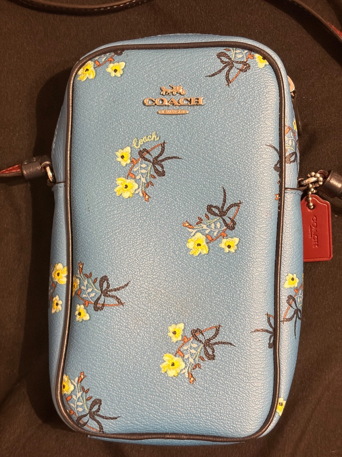 COACH North/South C7380 Silver/Blue Zip Phone Crossbody With Floral Bow Print