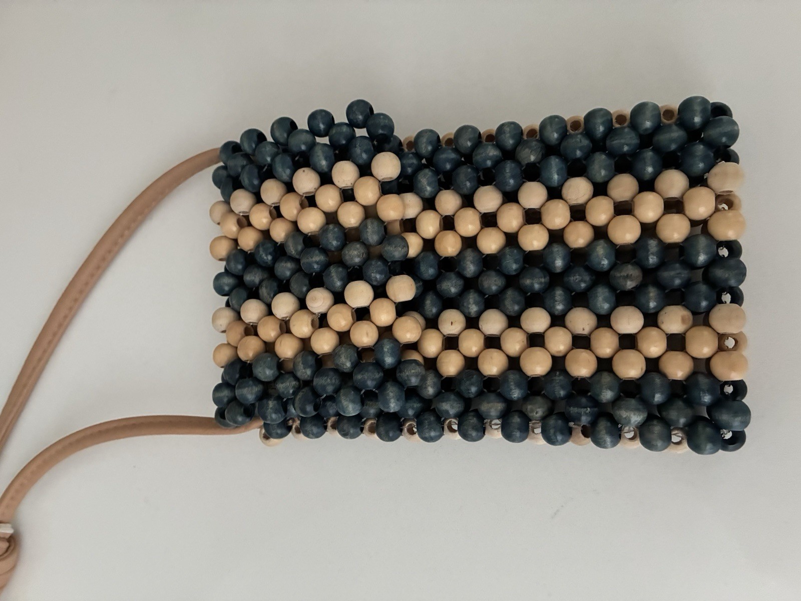 Small Women’s Boho Blue Beige Striped Beaded Rectangle Crossbody Bag