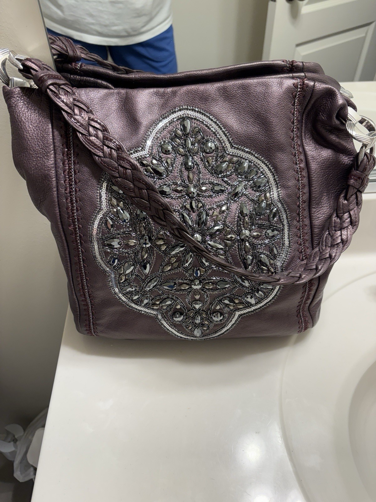 BRIGHTON ANJU Purple Brown Masterpiece Jeweled Shoulder Handbag Purse EUC