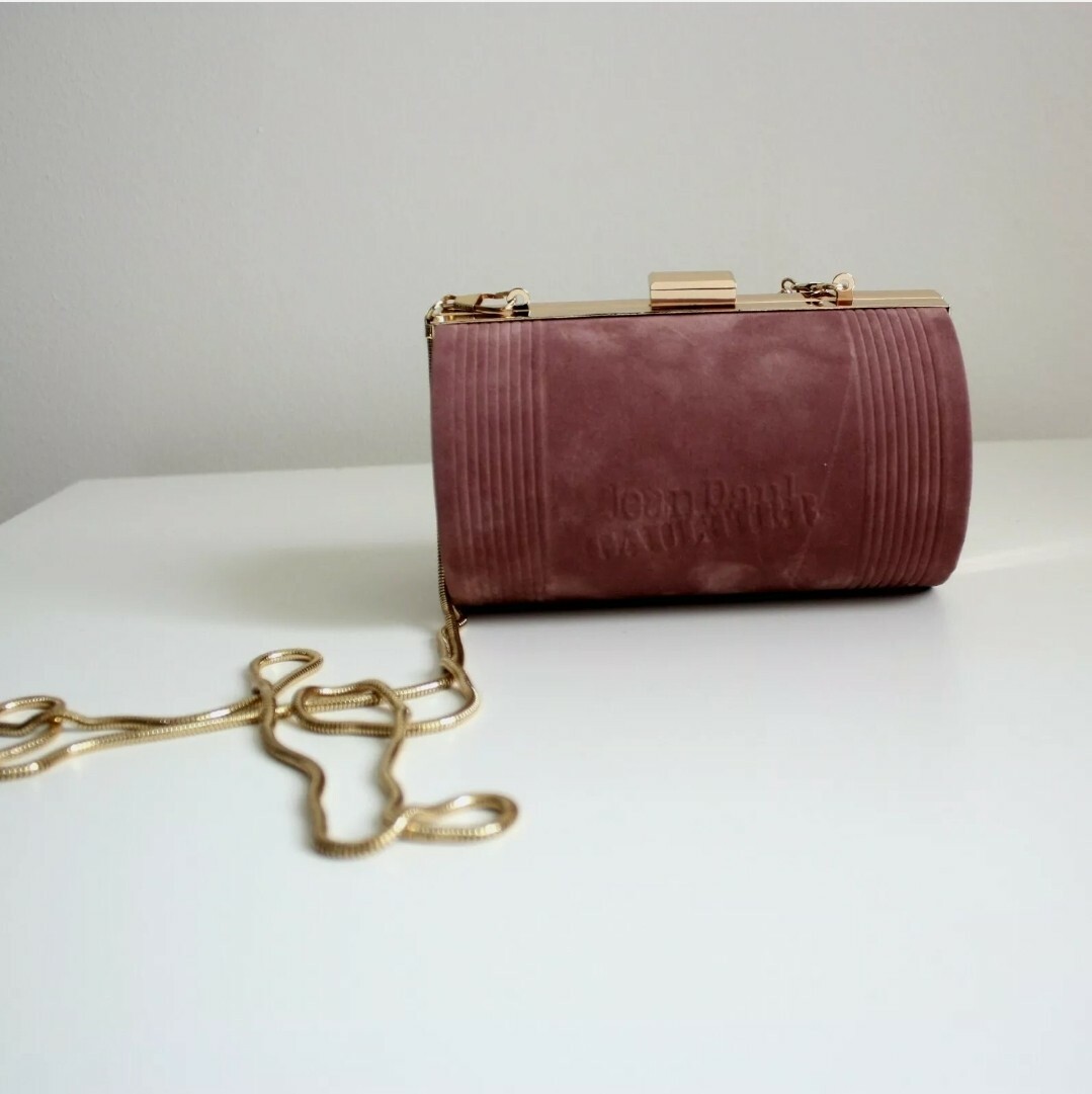 Jean Paul Gaultier Velvet Clutch Bag Pink Blush Gold Chain