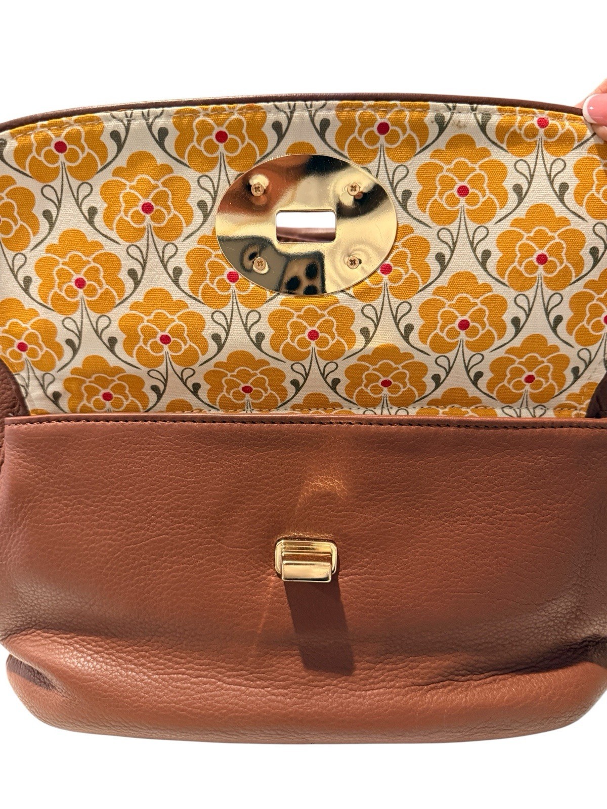 Emma Fox Brown Pebble Leather Satchel Handbag Sweet Panels Gold Tone Large ￼