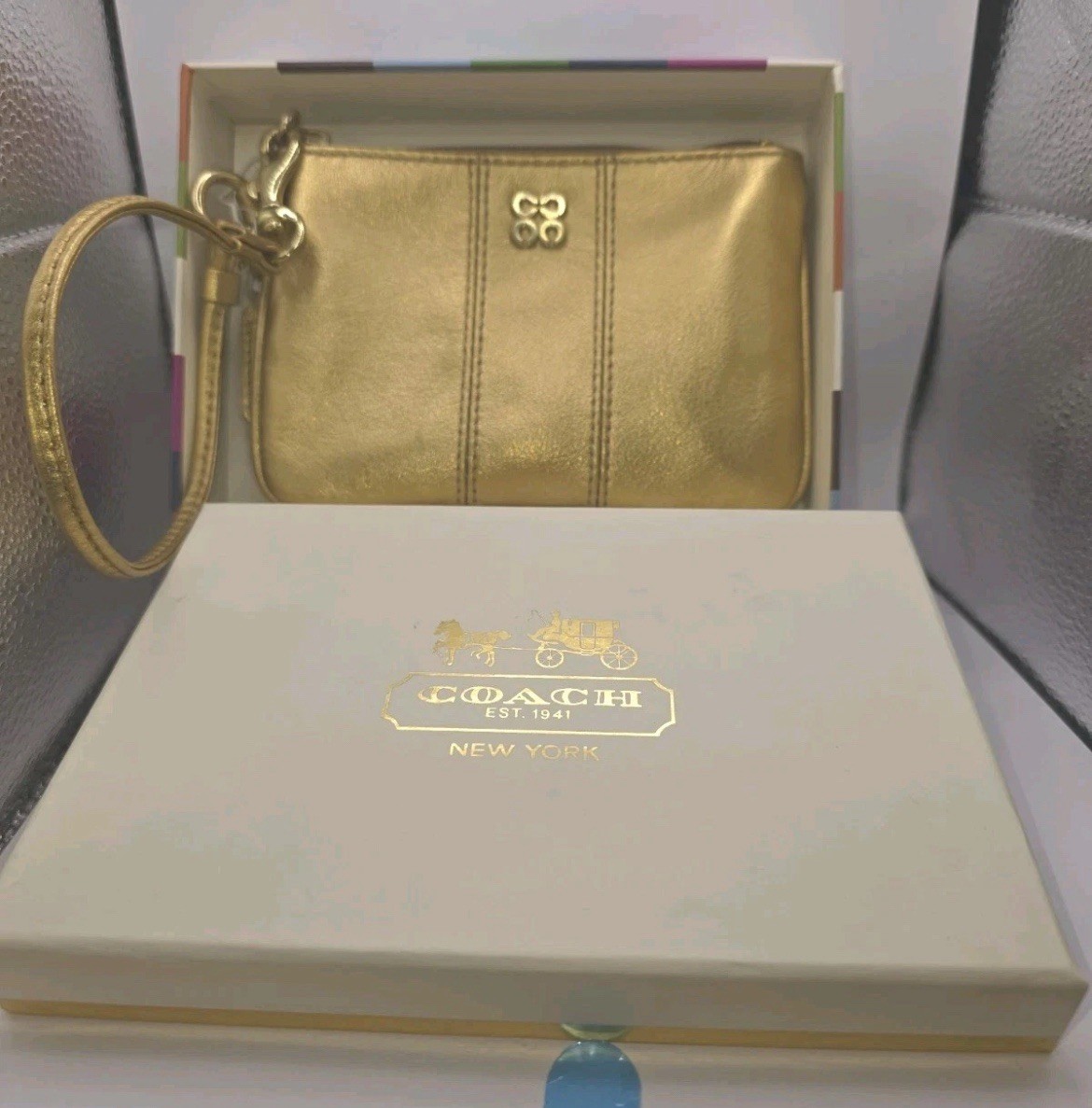 Coach Metallic Gold Wristlet Bag NEW In Original Gift Box Julia Spotlight New