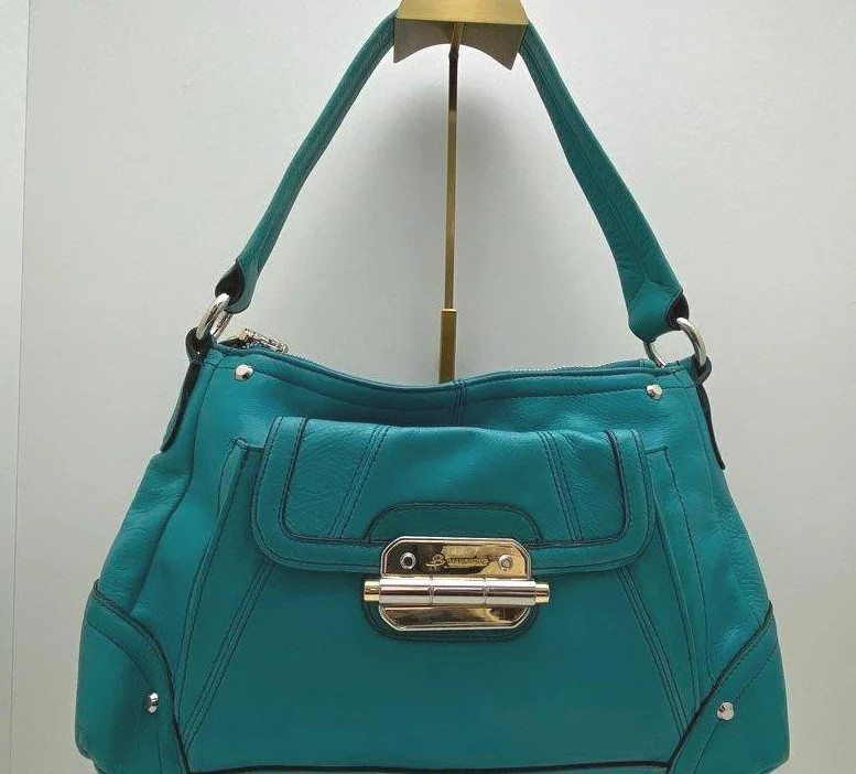 B. Makowsky Turquoise Leather Hobo Bag Plum Satin Interior Shoulder Bag Statemen