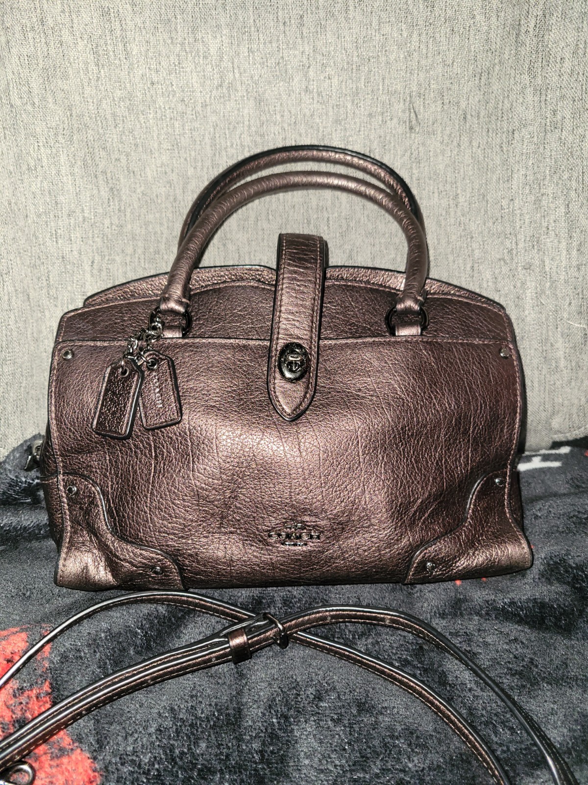 Coach Brown Pebbled Satchel Top Handle Bag Detachable Strap Hang Tag Studs