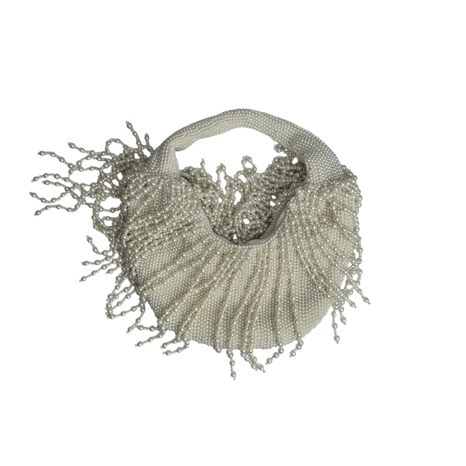 Faux Pearl Beaded Fringe Shoulder Bag Crescent Shereen Hobo Statement Purse