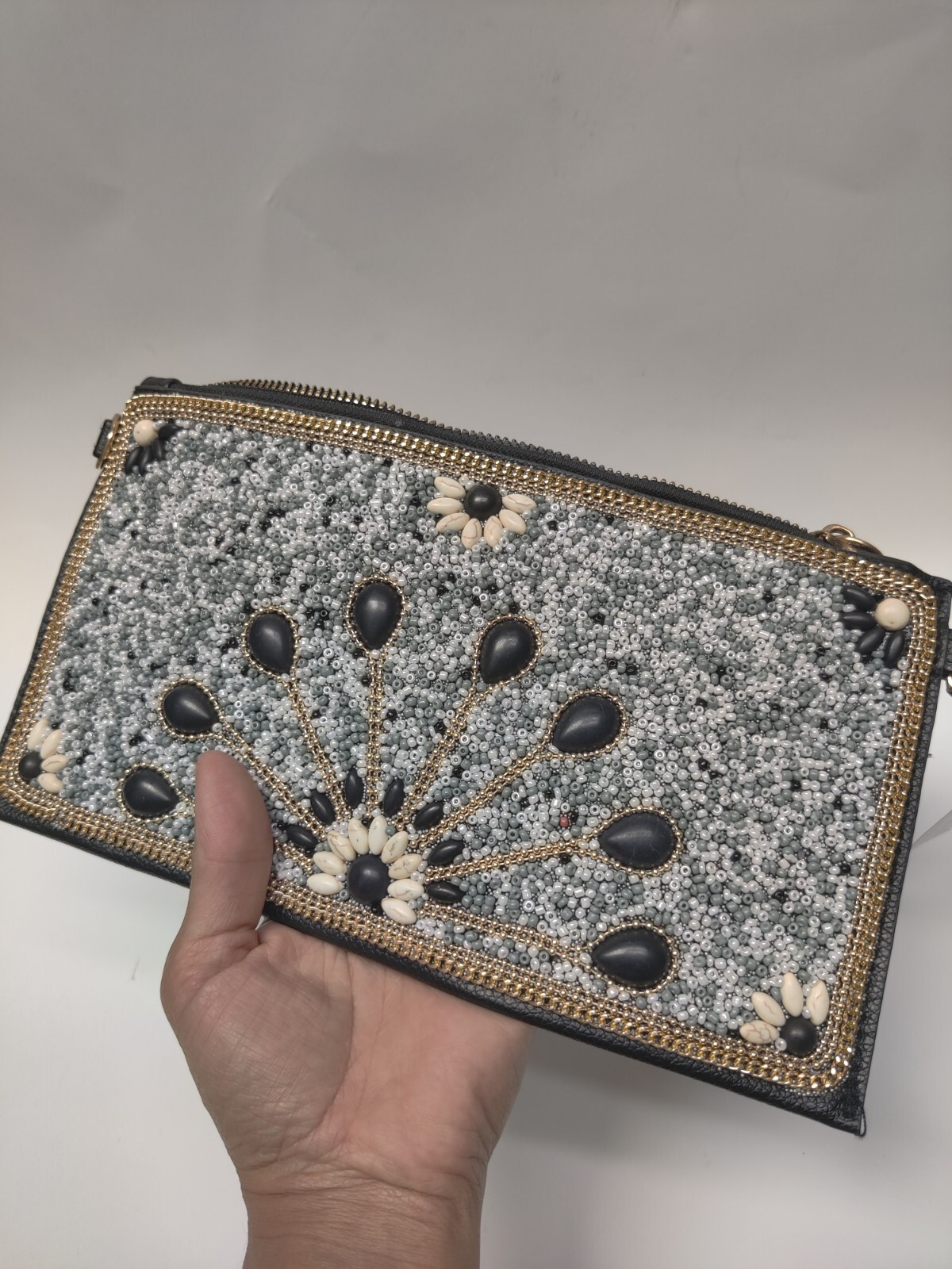 COCO + CARMEN White And Black Artisan Beaded Crossbody Clutch Bag