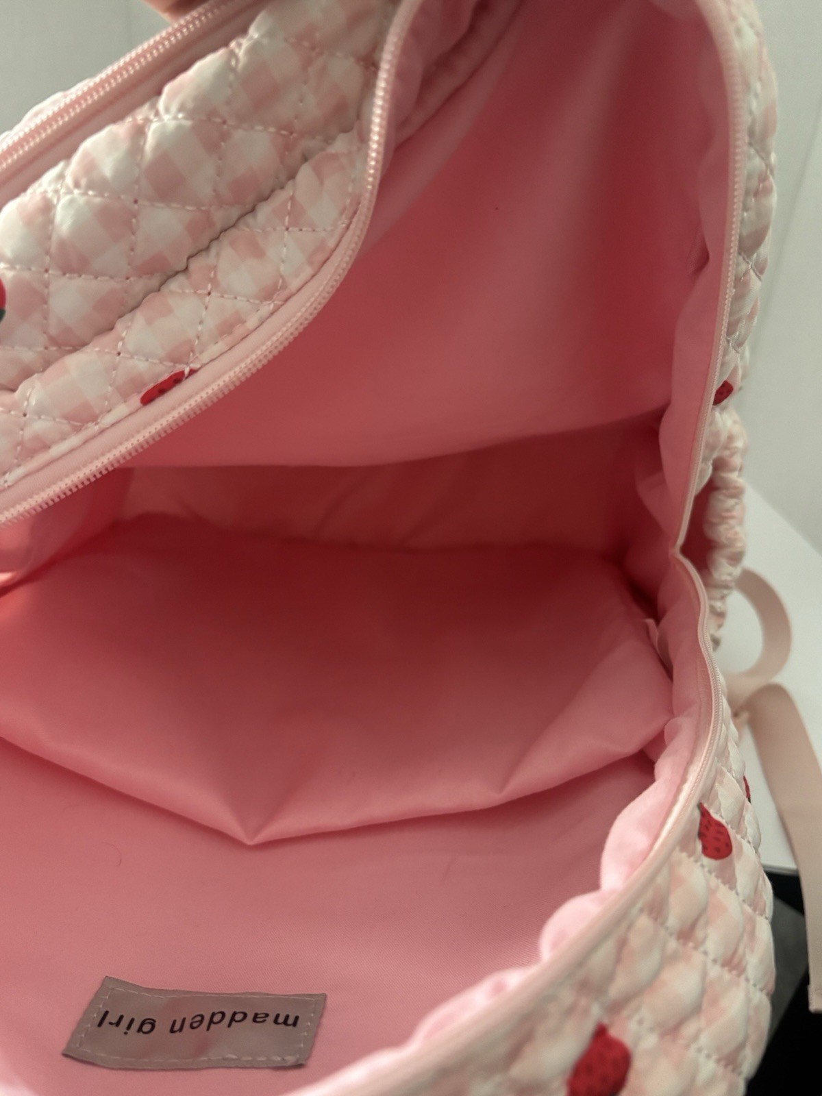 Madden Girl Pink Gingham Strawberry Zip Backpack w/ Pockets