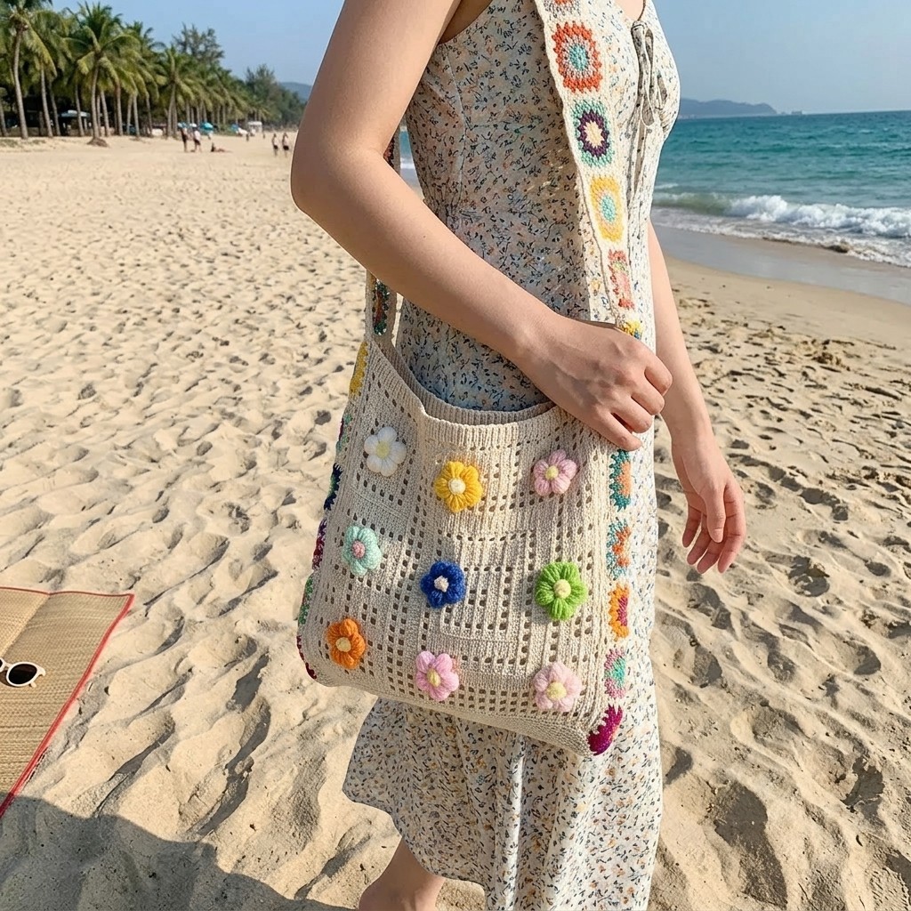 Flower Applique Crochet Bag Women Colorful Knit Crossbody Shoulder Purse
