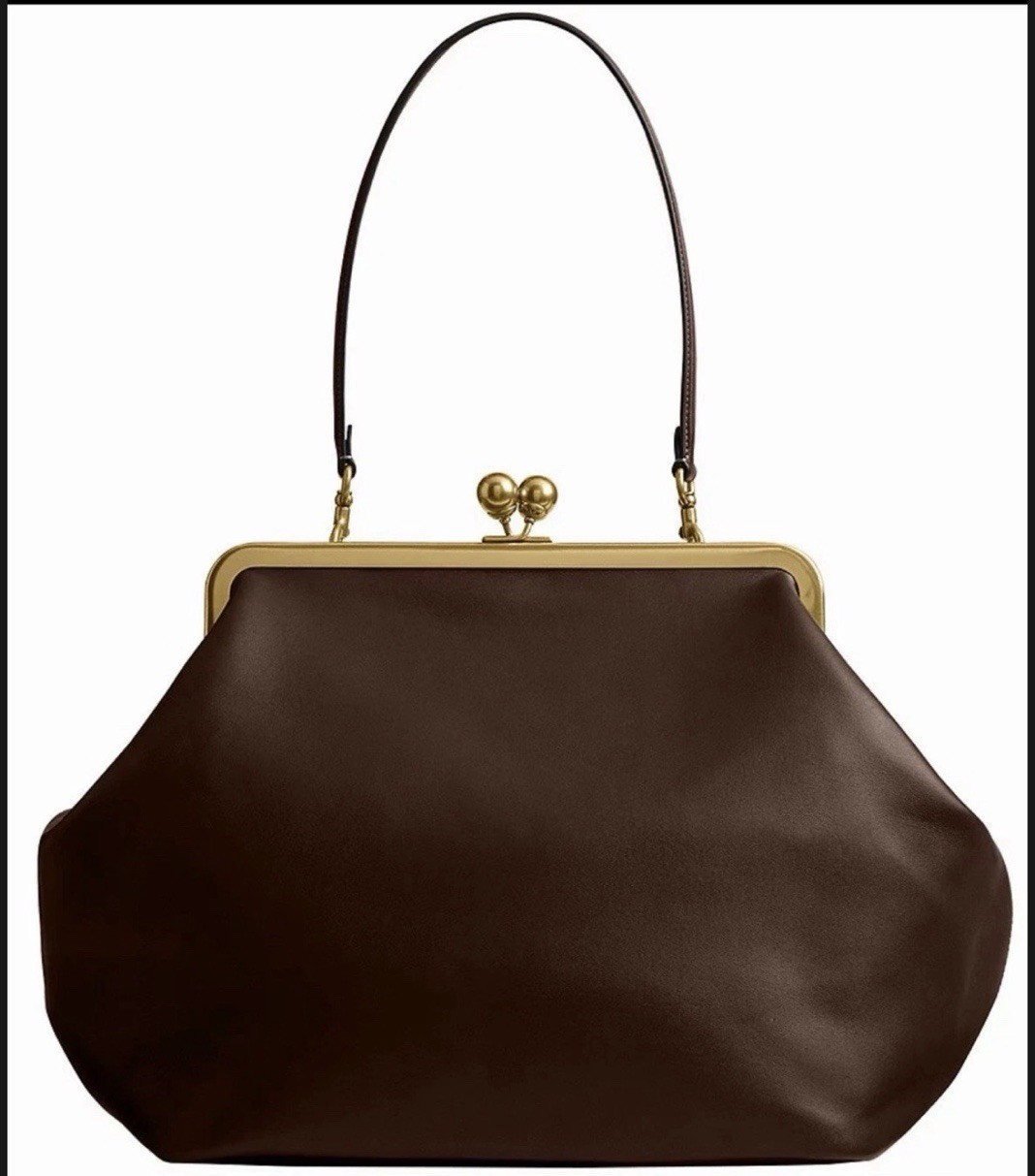 Coach Large Shoulder Bag Kiss Lock Frame Solid Dark Brown with Brass Hardware