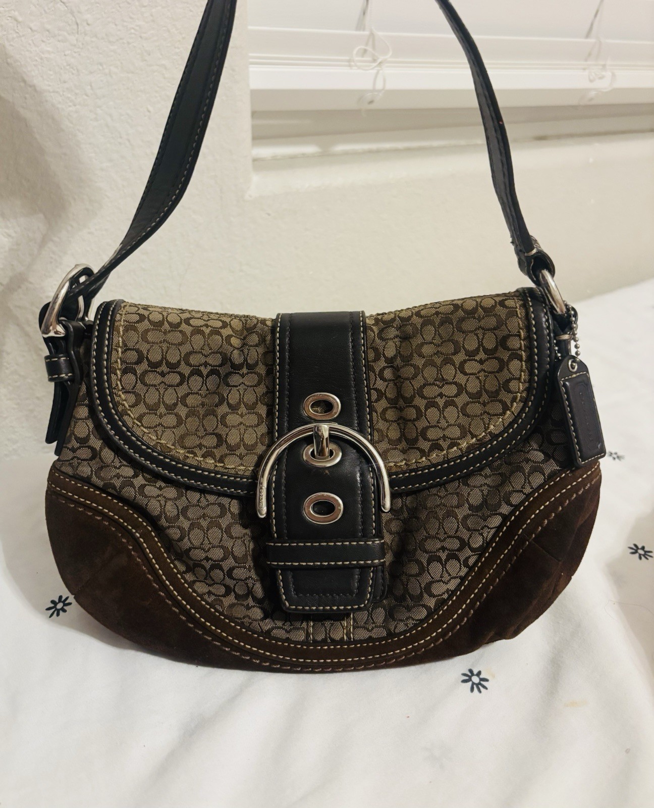 Coach Soho Signature Shoulder Bag Small Crescent Buckle Brown Black